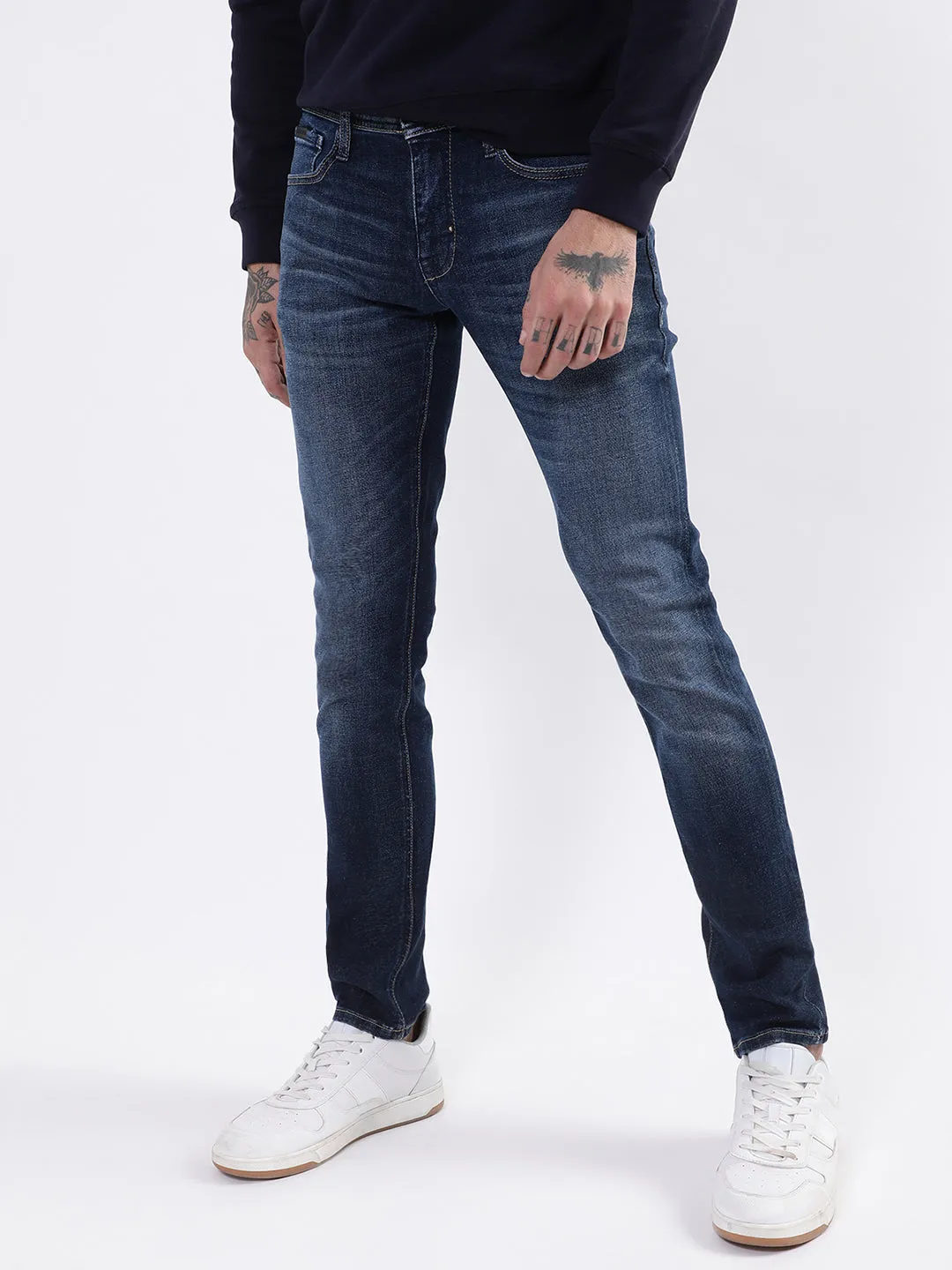 Antony Morato Men Navy Blue Light Fade Stretchable Cotton Jeans