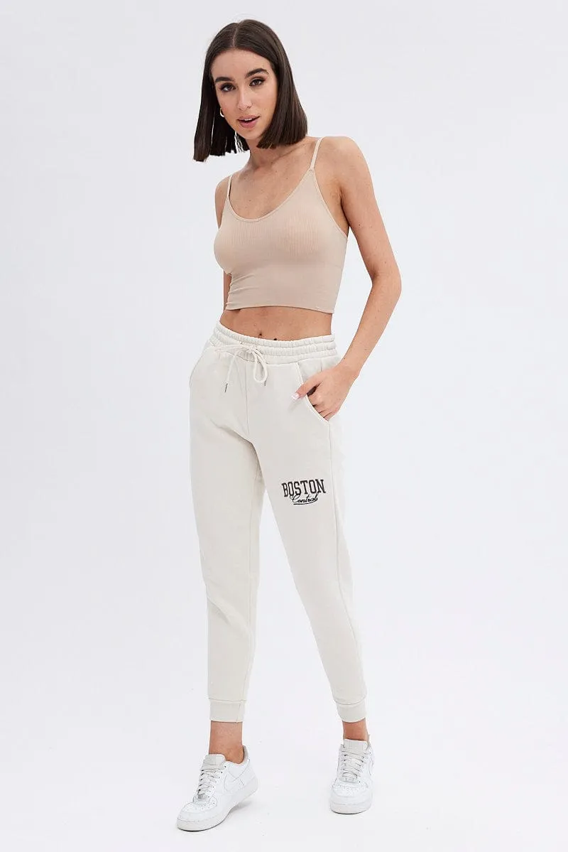 Beige Track Pants High Rise Jogger