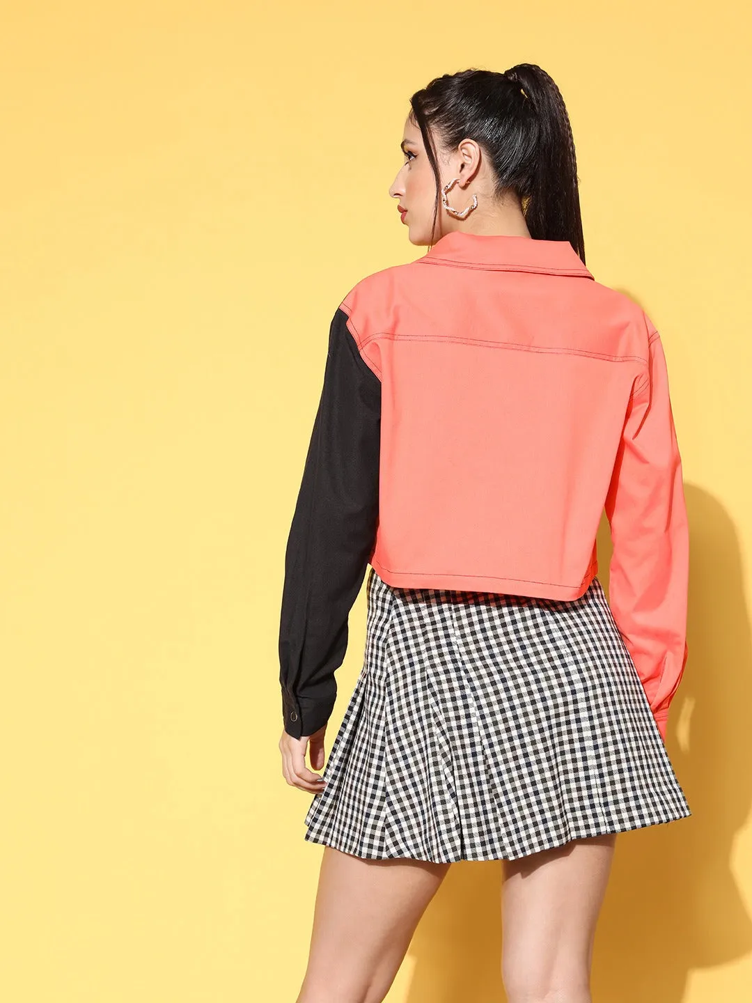 Berrylush Women Black & Coral Orange Colourblocked Pattern Spread Collar Neck Drop-Shoulder Tailored Crop Jacket