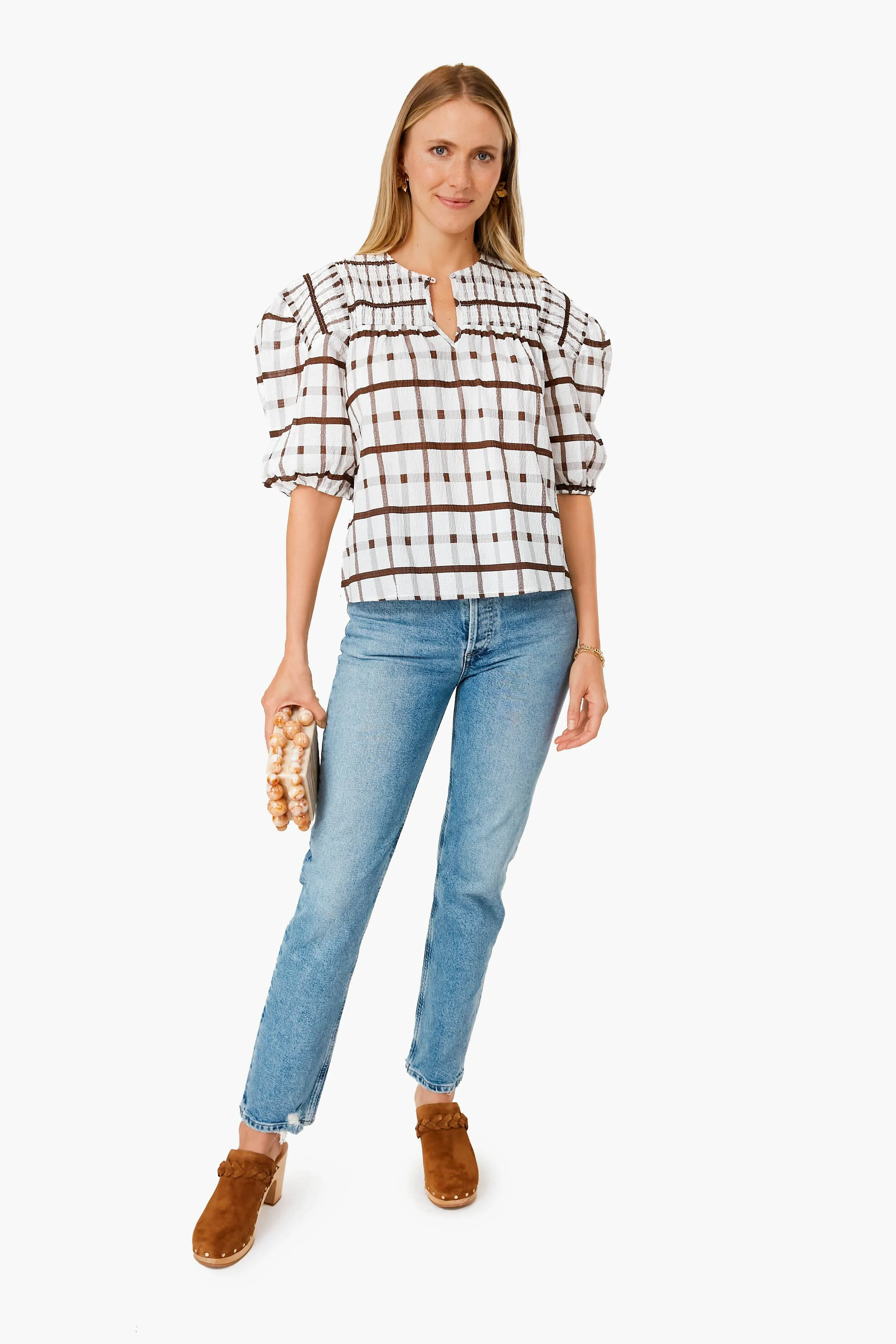 Brown Grid Print Puff Sleeve Woven Top