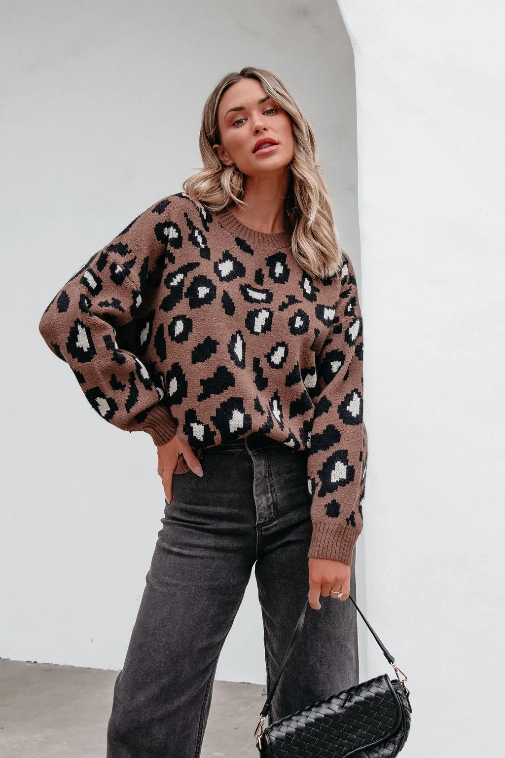 Brown Leopard Print Ribbed Sweater