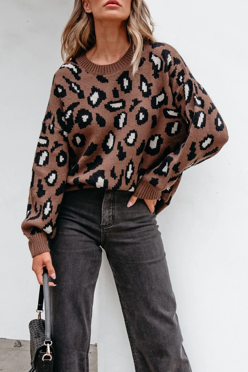 Brown Leopard Print Ribbed Sweater