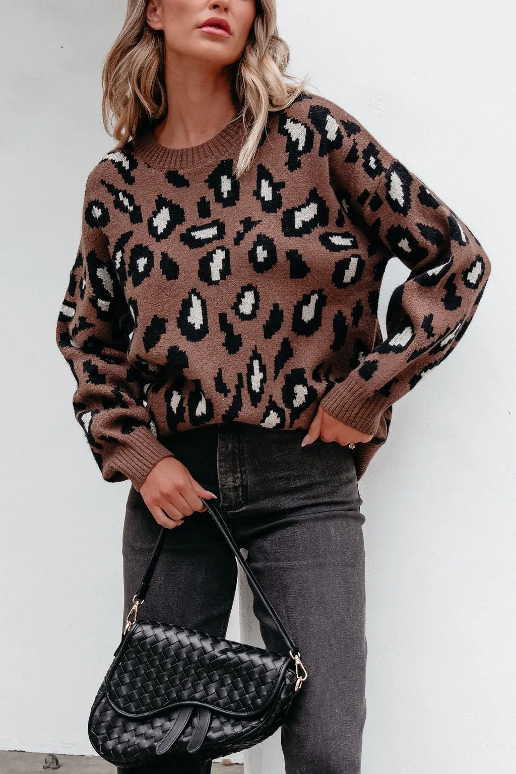 Brown Leopard Print Ribbed Sweater