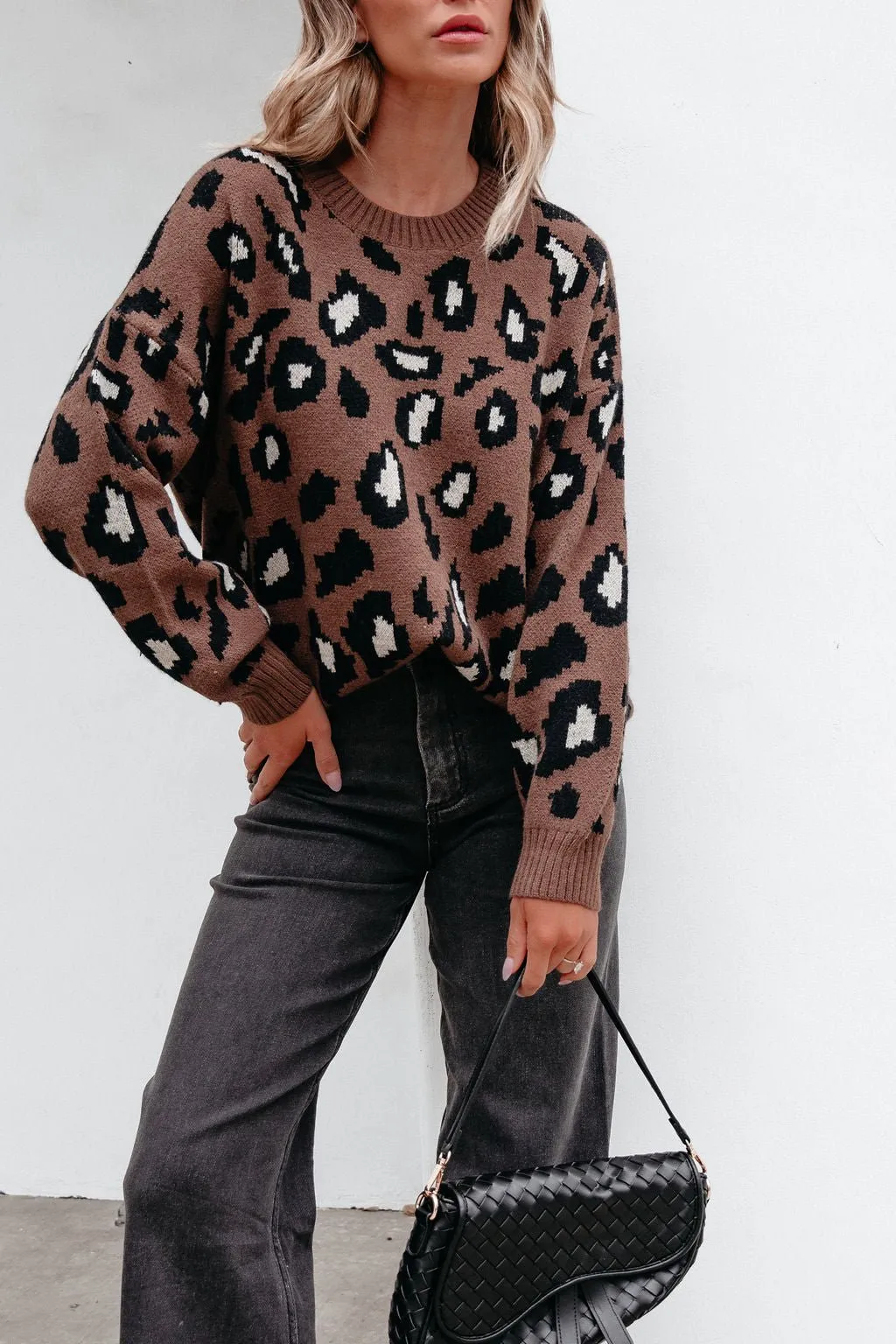 Brown Leopard Print Ribbed Sweater