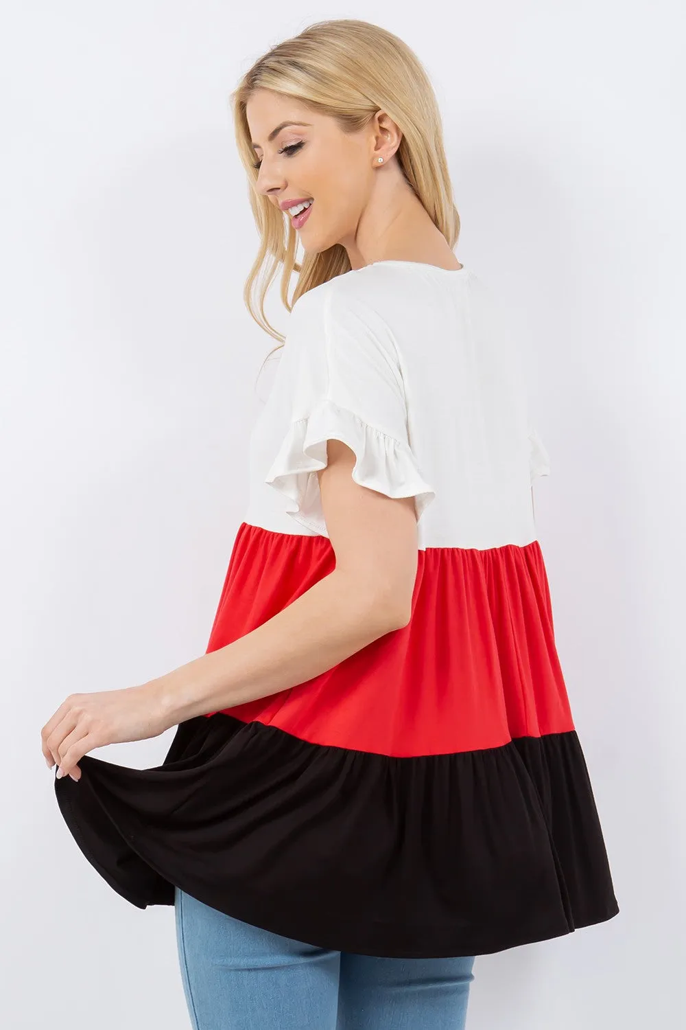 Celeste Full Size Color Block Ruffled Short Sleeve Top