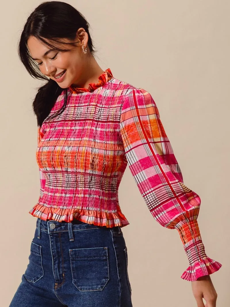 Check Plaid Woven Smocked Blouse