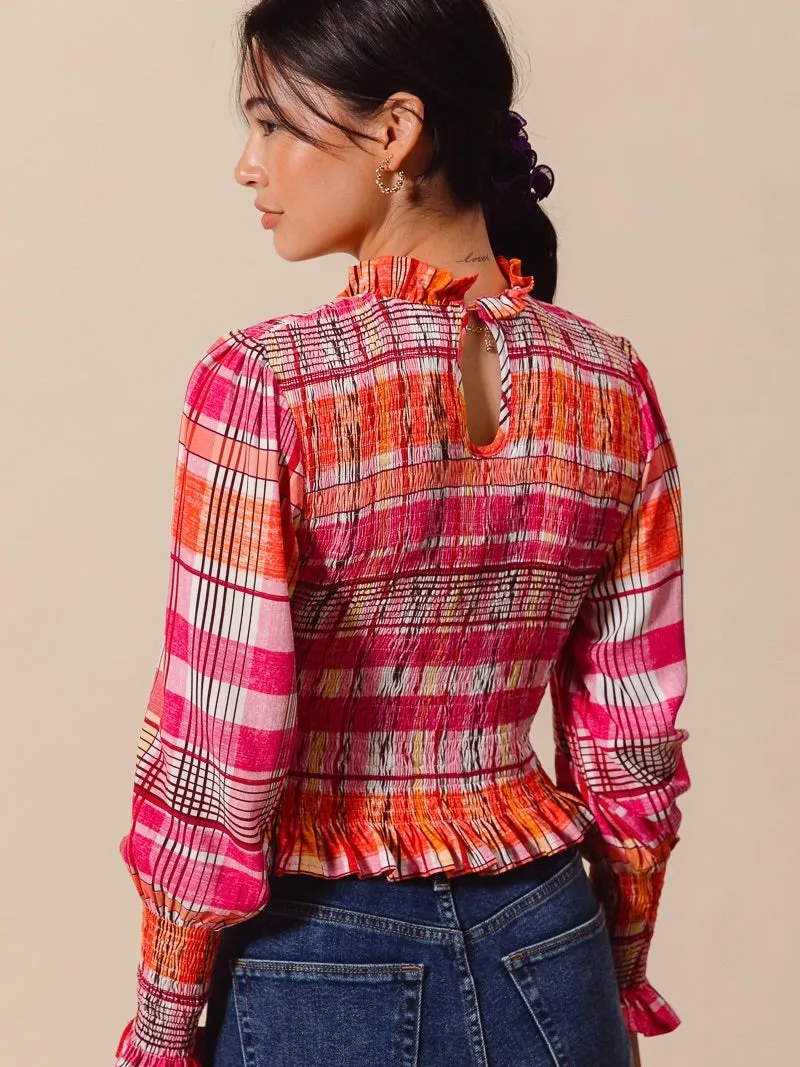 Check Plaid Woven Smocked Blouse