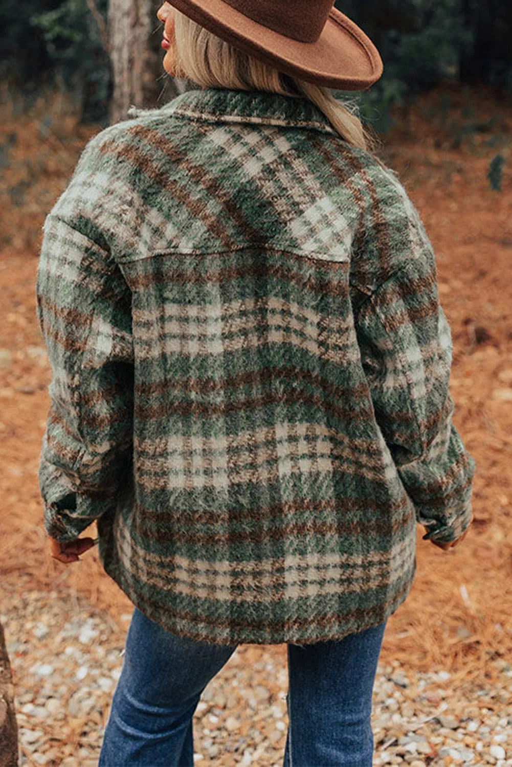 Cinnamon Plaid Print Chest Pockets Turn Down Collar Shacket