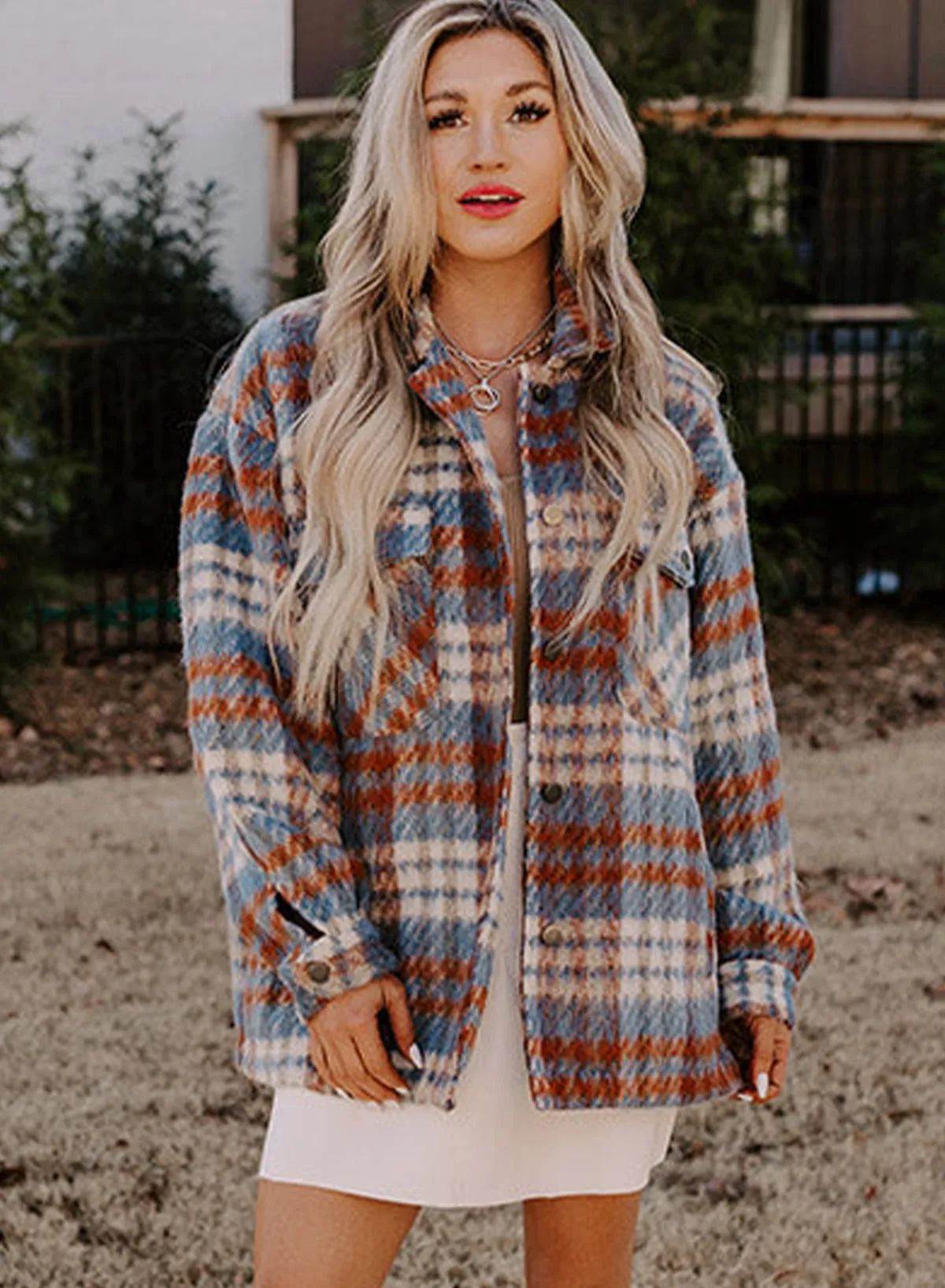 Cinnamon Plaid Print Chest Pockets Turn Down Collar Shacket