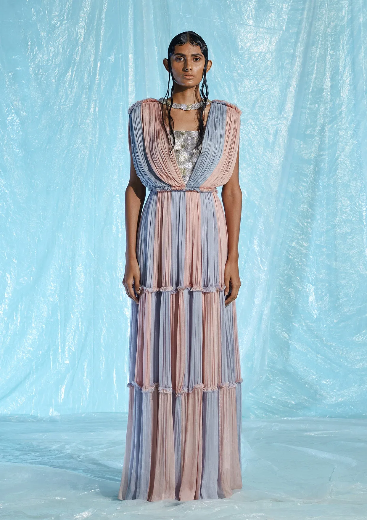 Colourblocked Sequinned Chiffon Maxi Dress