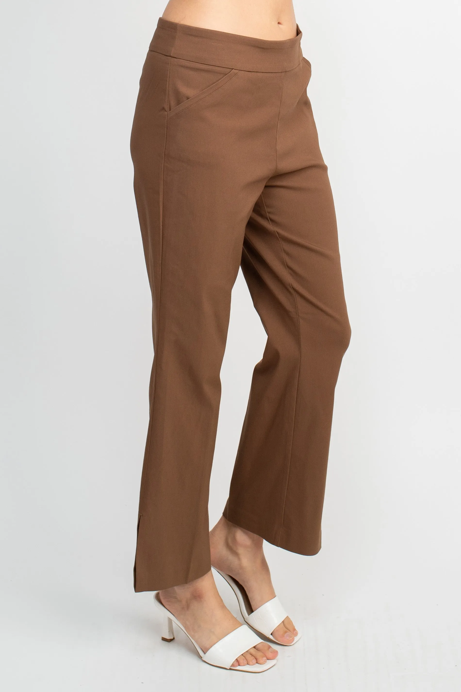 Counterparts Banded Mid Waist Pull On Solid Straight Cut Slit Hem Stretch Rayon Pant with Pockets