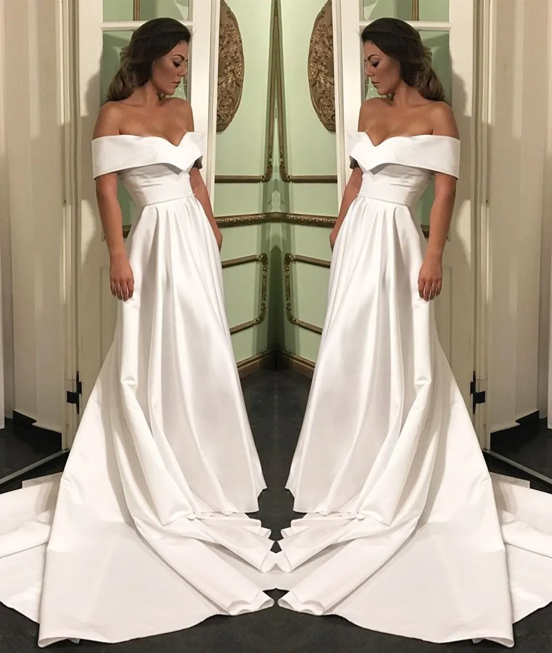 Elegant Off Shoulder White Satin Long Prom Dresses, White Off Shoulder Wedding Dresses, White Formal Dresses