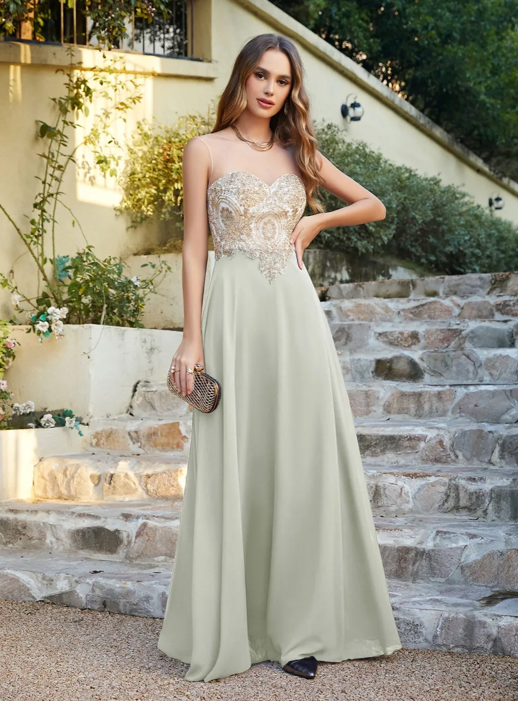 Elegant Sleeveless Aline Chiffon Appliques Evneing Dresses