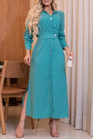 Elegant Solid Buttons Turndown Collar A Line Dresses