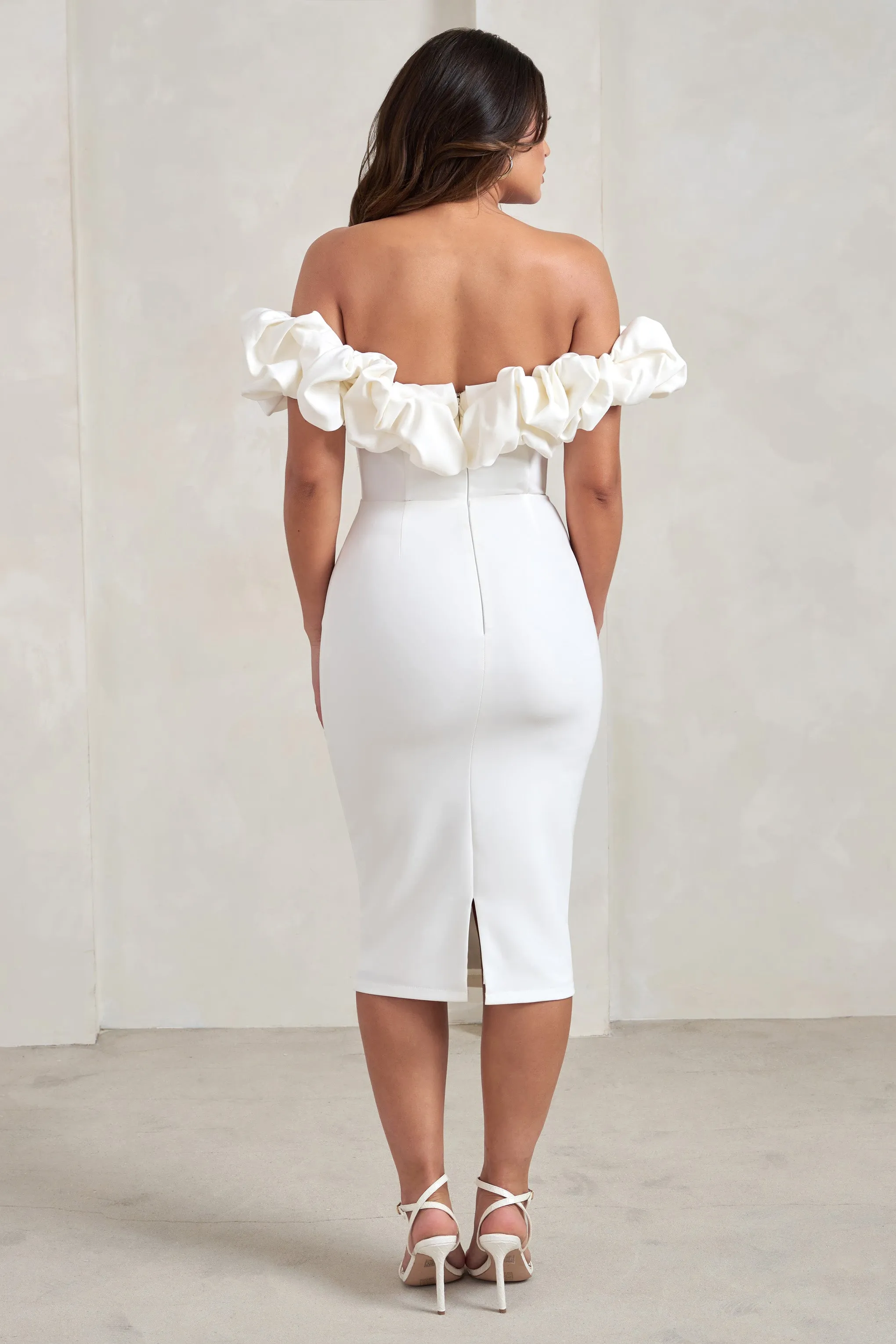 Estie | White Structured Statement Bardot Midi Dress