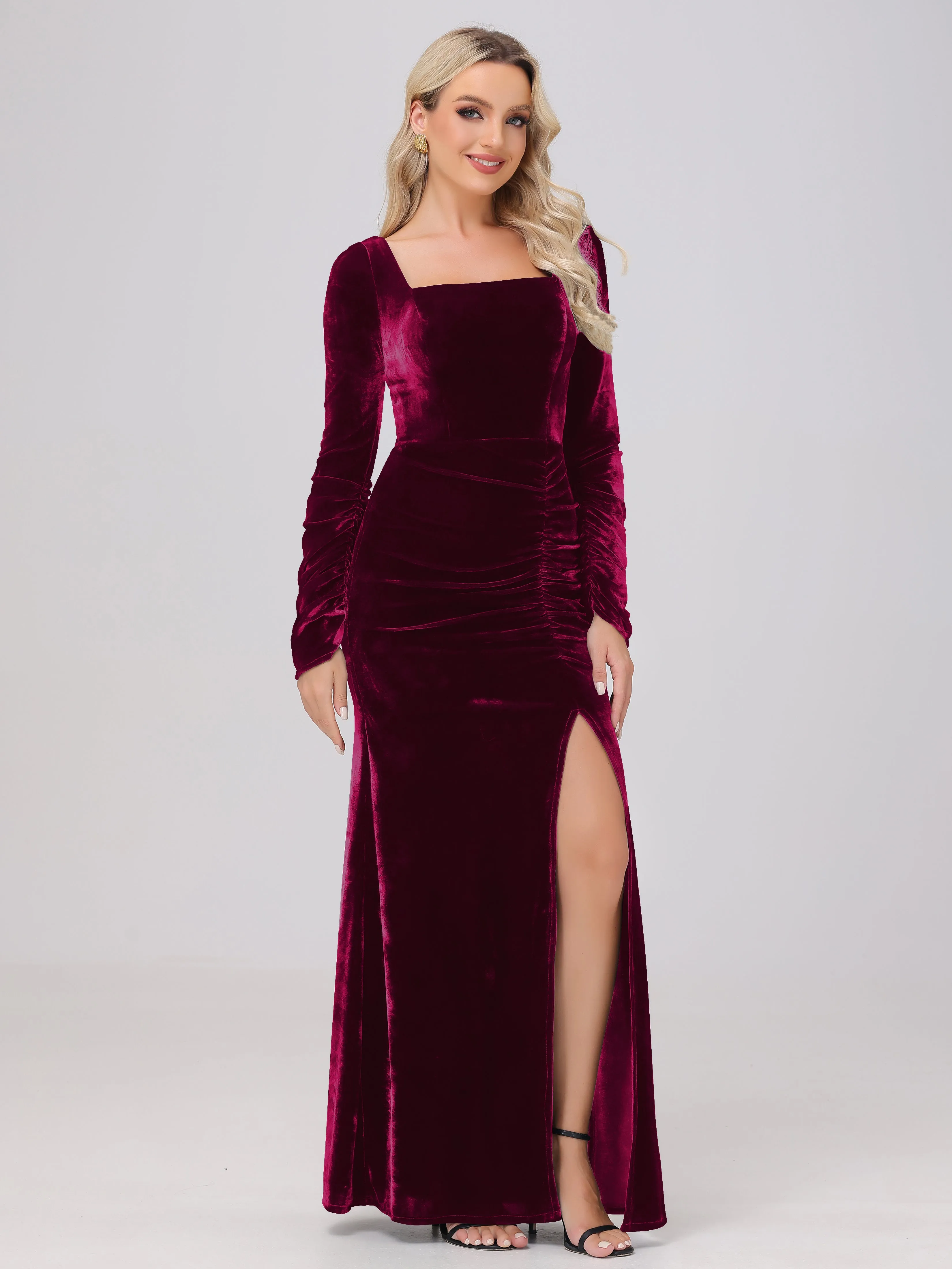 Floor-Length Square Long Sleeves Velvet Bridesmaid Dresses With Split