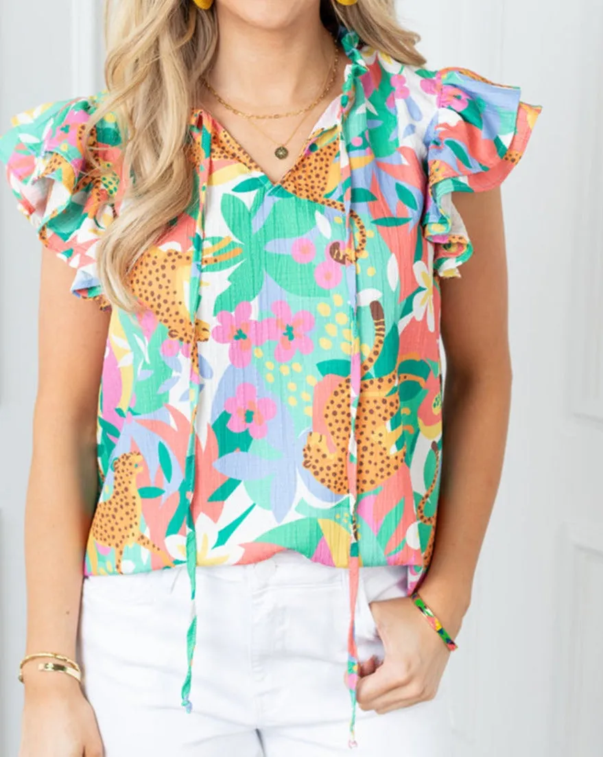 Floral Leopard Flutter Sleeve Blouse