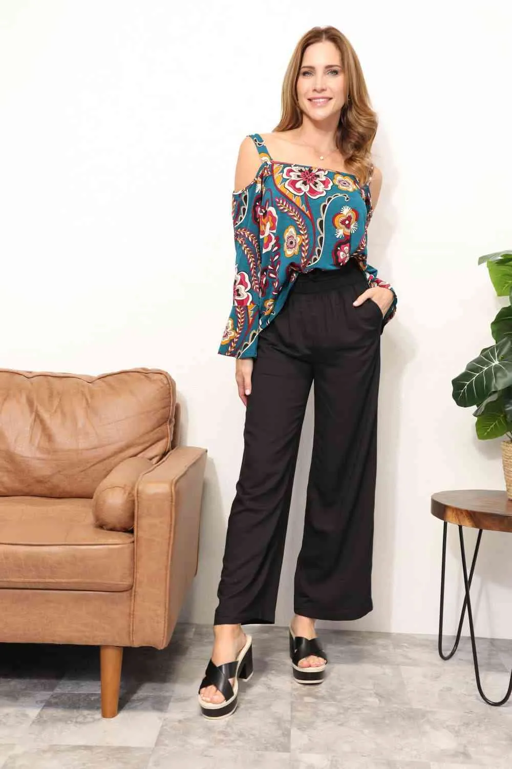 Full Size Floral Cold Shoulder Blouse