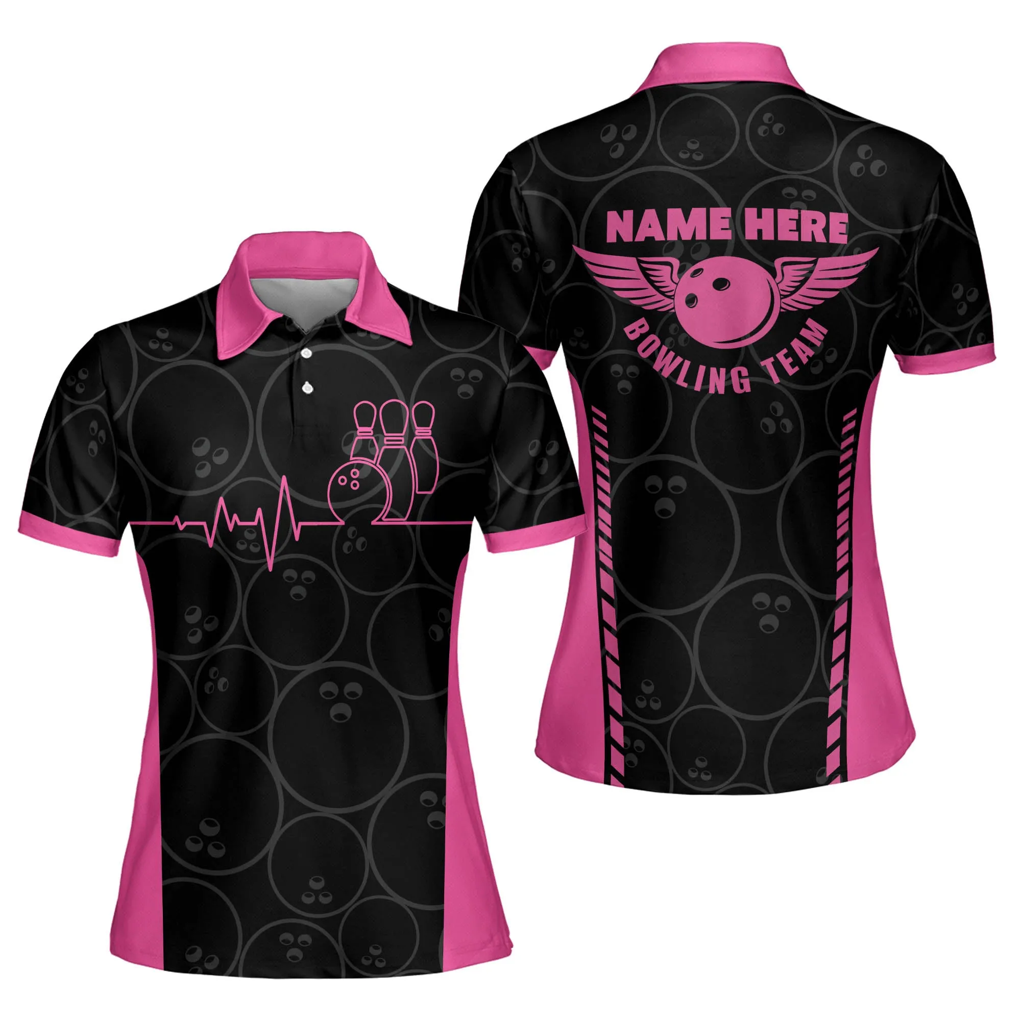 Funny Heartbeat Pulse Line Pink Bowling Shirts for Women, Gift for Team Bowling