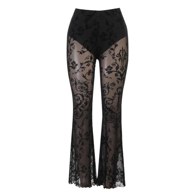 Goth Gothic See-Through Floral Pants Long-Legged Pants