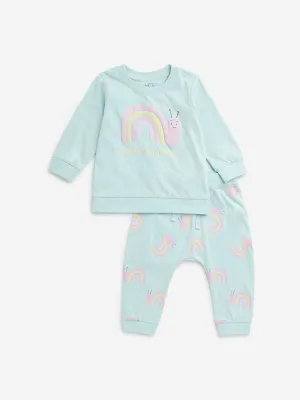 HOP Baby Sage Snail Printed Cotton T-Shirt & Pants Set