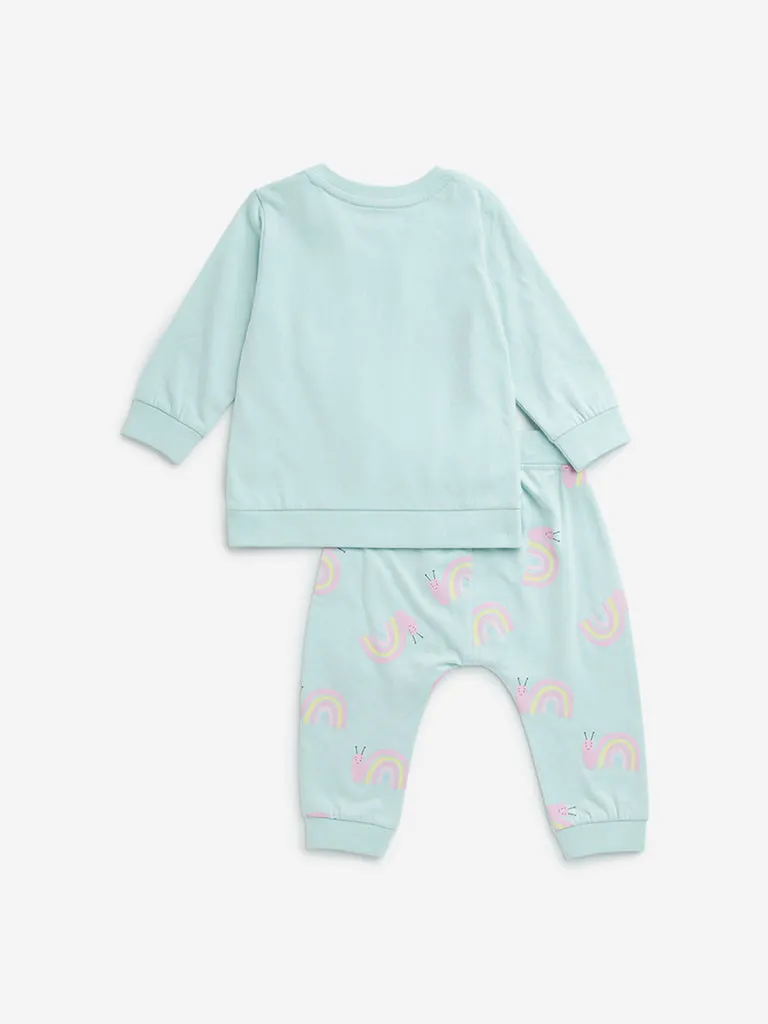 HOP Baby Sage Snail Printed Cotton T-Shirt & Pants Set