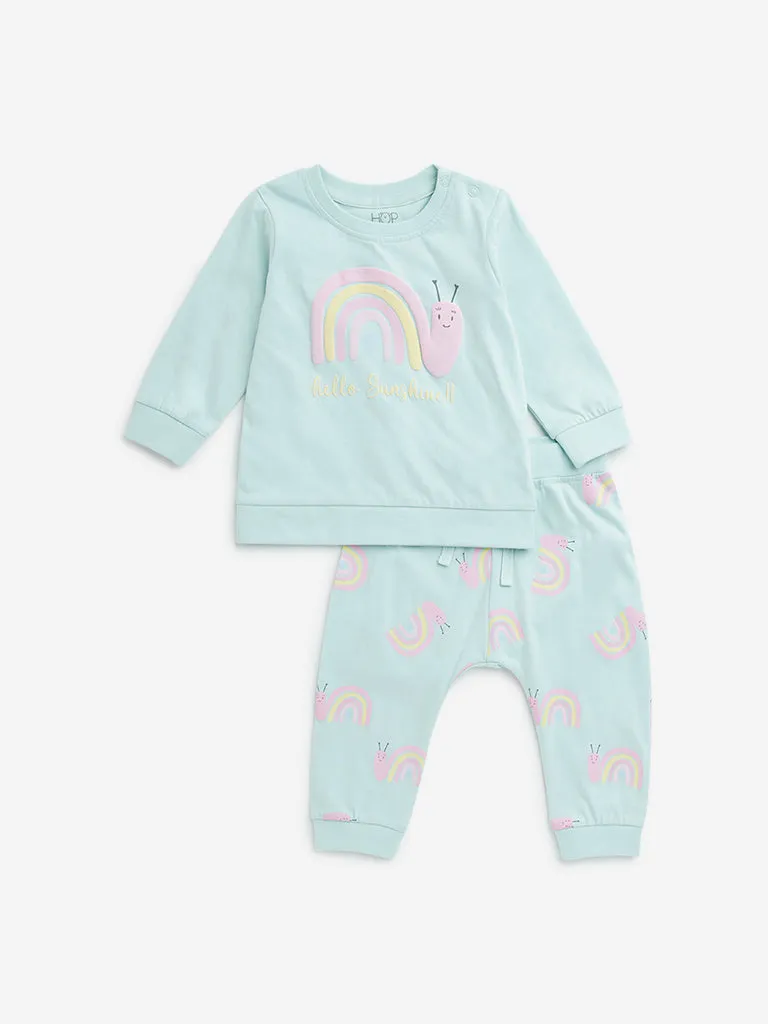 HOP Baby Sage Snail Printed Cotton T-Shirt & Pants Set