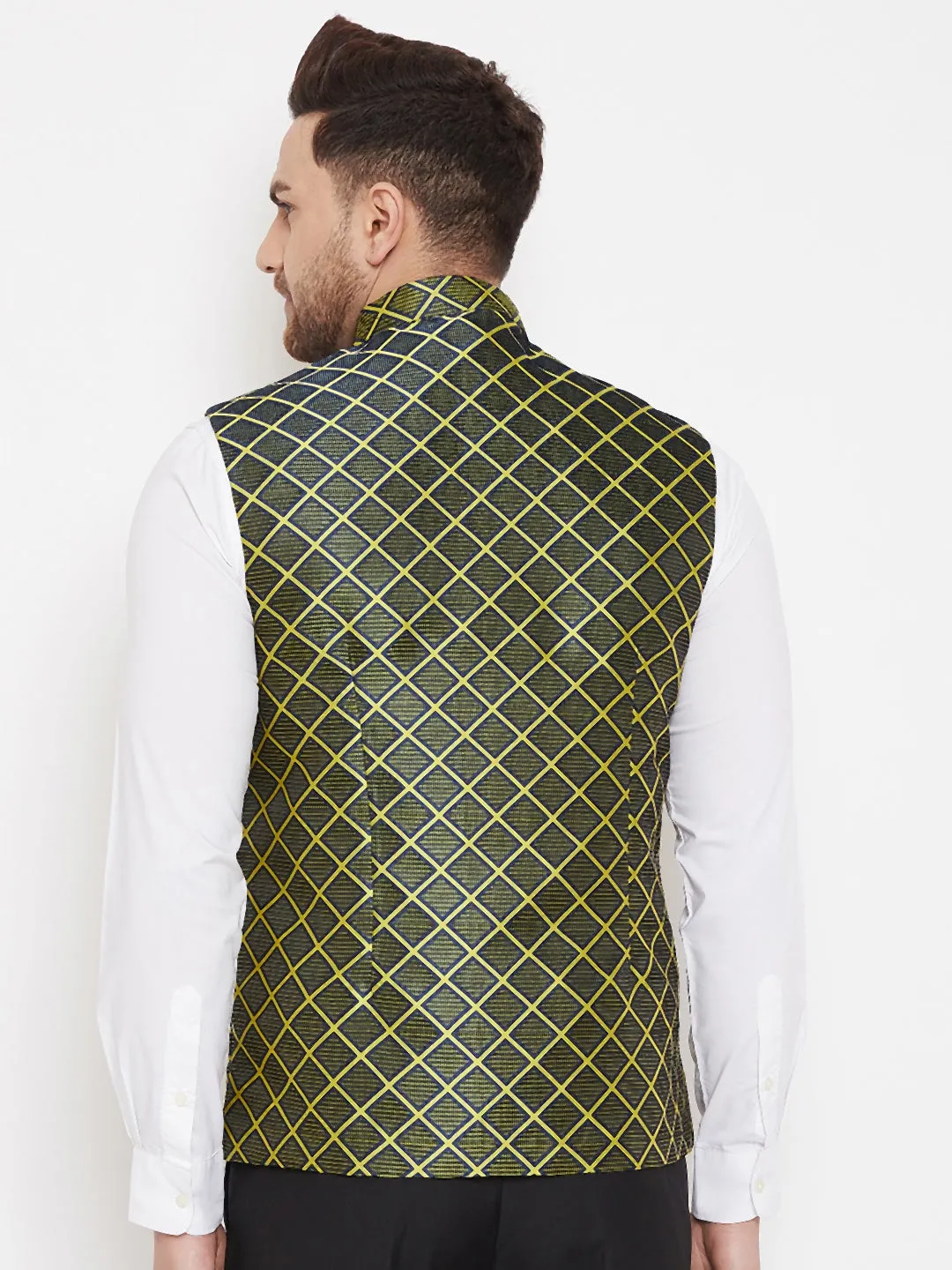 Jashvi Men's Green Jute Cotton Zipper Nehru Jacket