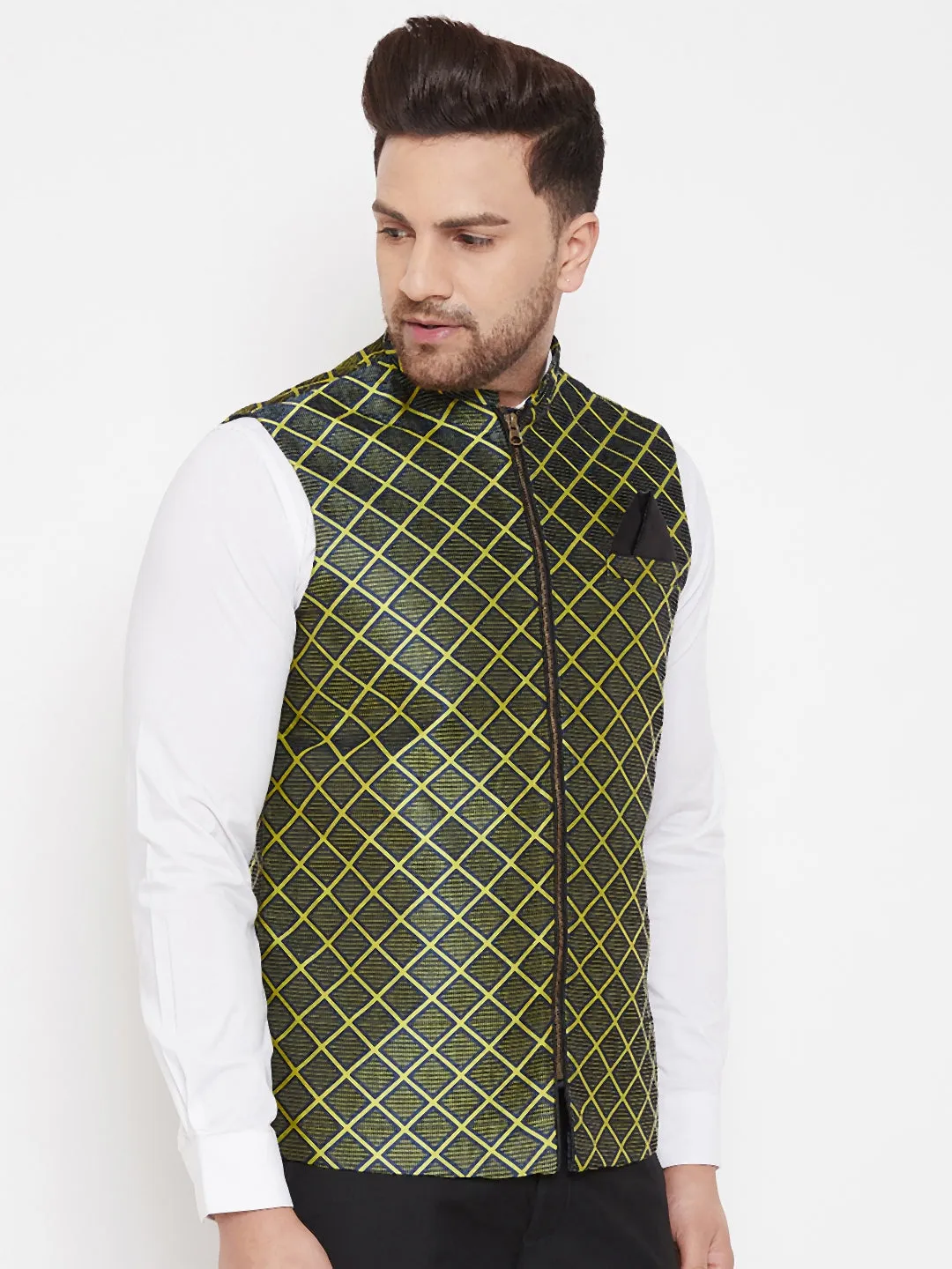 Jashvi Men's Green Jute Cotton Zipper Nehru Jacket