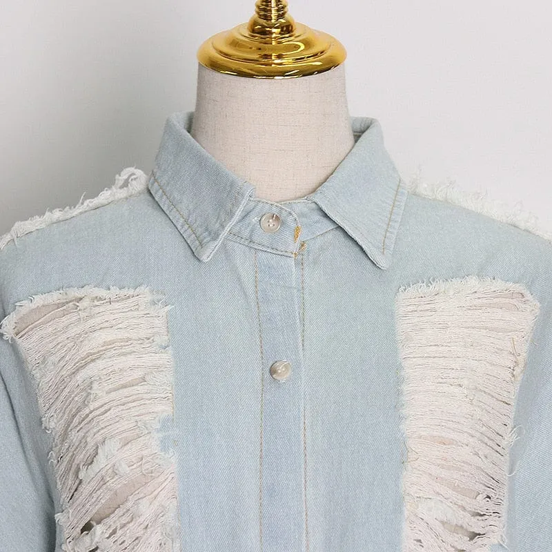 Korean Style Long Distressed Denim Shirt | Millennials