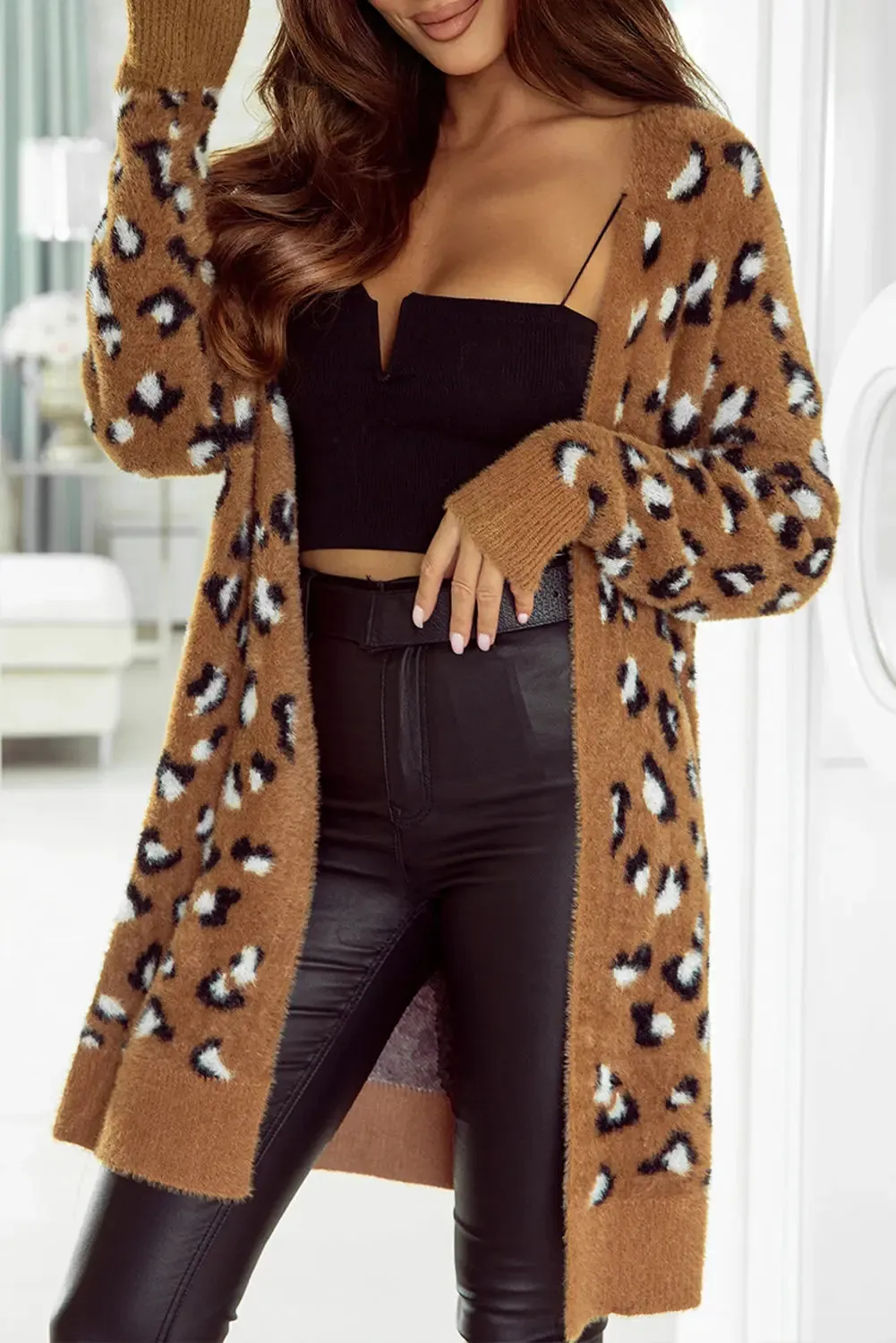 Leopard Open Front Long Sleeve Cardigan