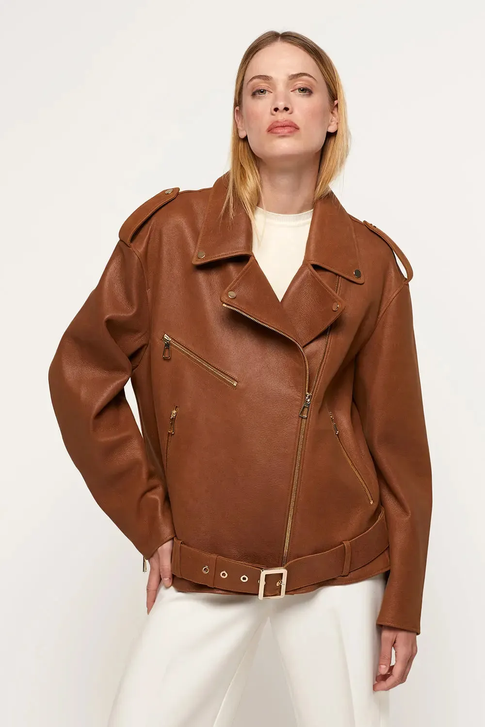 Light brown leather jacket women