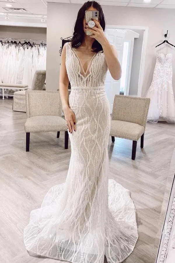 Mermaid V Neck  Lace Wedding Dresses Backless Bridal Gown  WD598