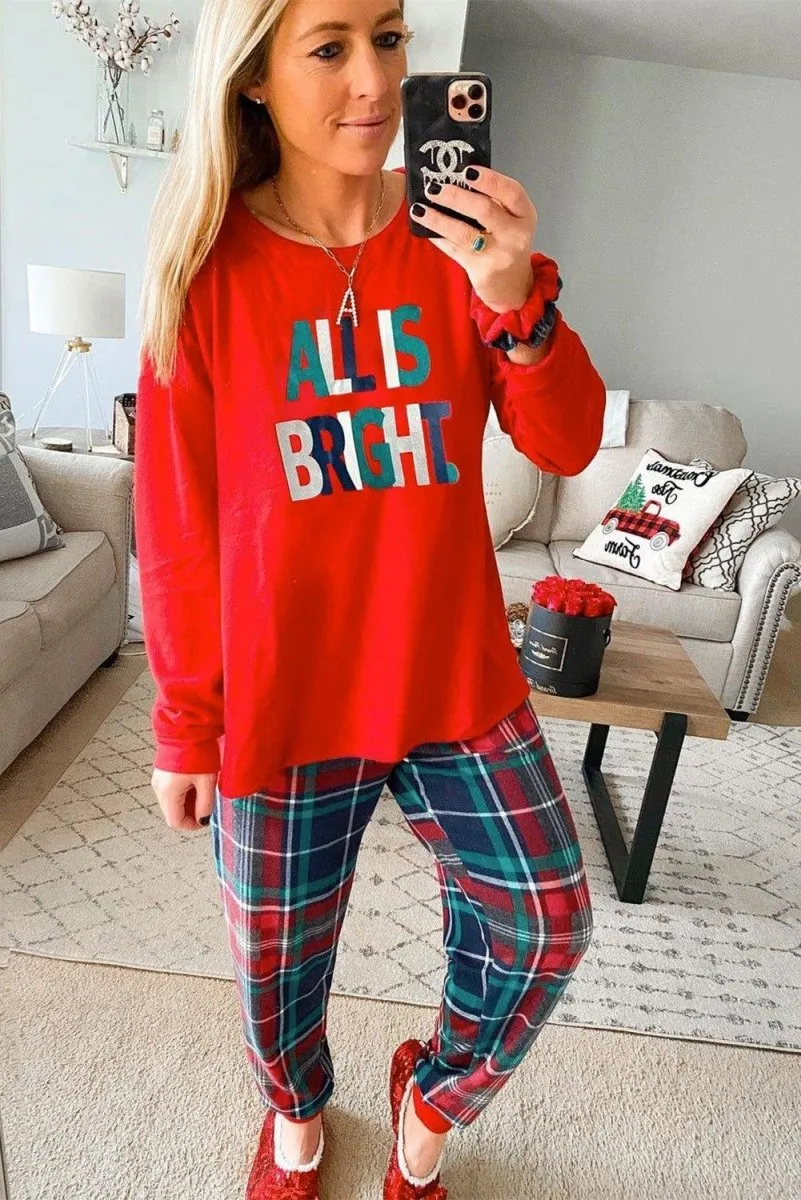 Multicolor Plaid "ALL IS BRIGHT" Graphic Christmas Pajamas Set