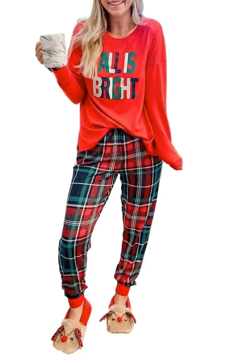 Multicolor Plaid "ALL IS BRIGHT" Graphic Christmas Pajamas Set