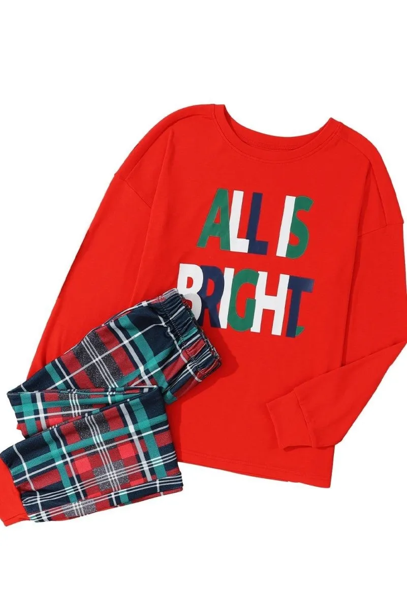 Multicolor Plaid "ALL IS BRIGHT" Graphic Christmas Pajamas Set