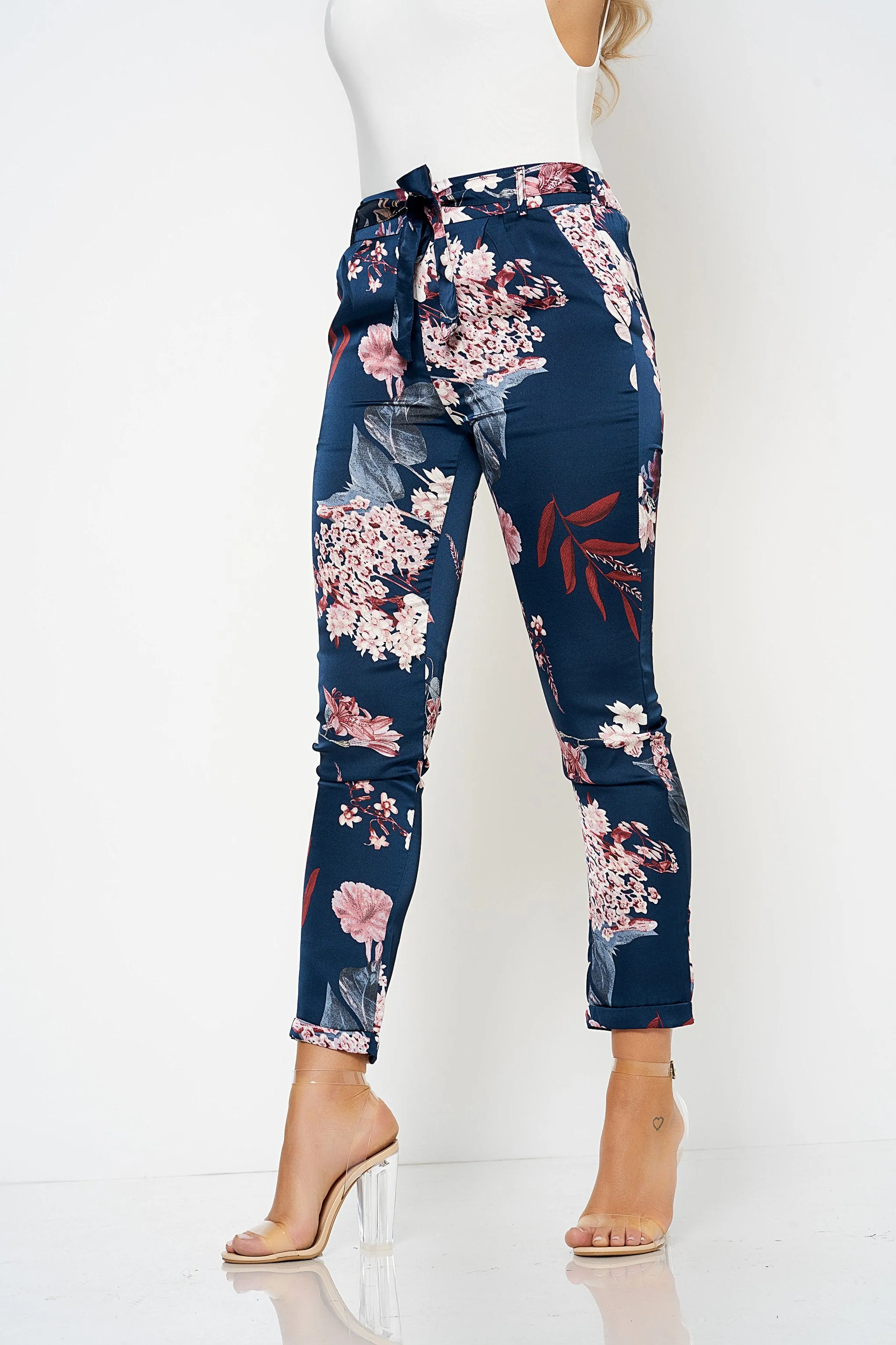 Navy Floral Belted Satin Co-ord Trousers