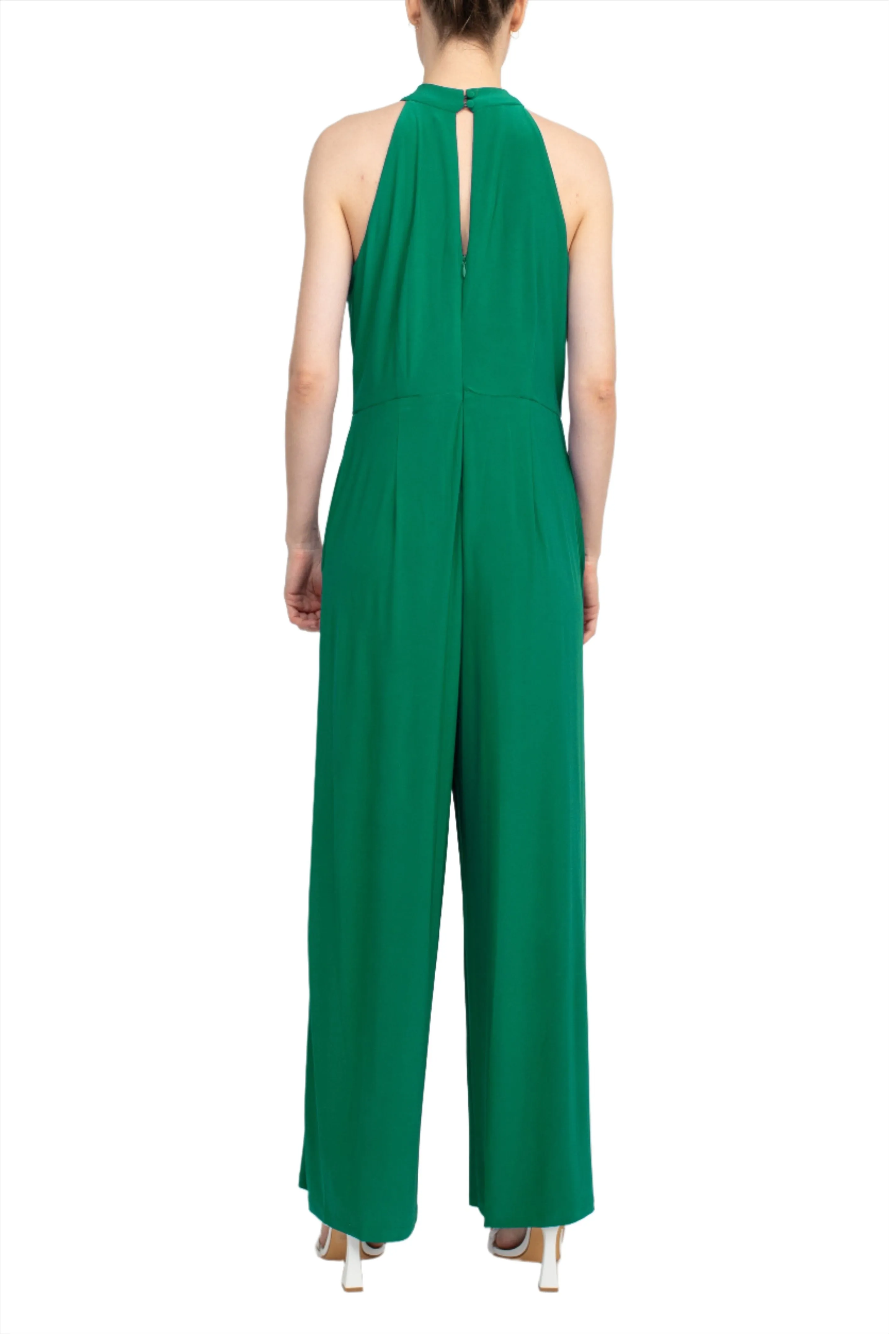 Nina Leonard Crossed Neck Sleeveless Keyhole Back Solid Jersey Jumpsuit