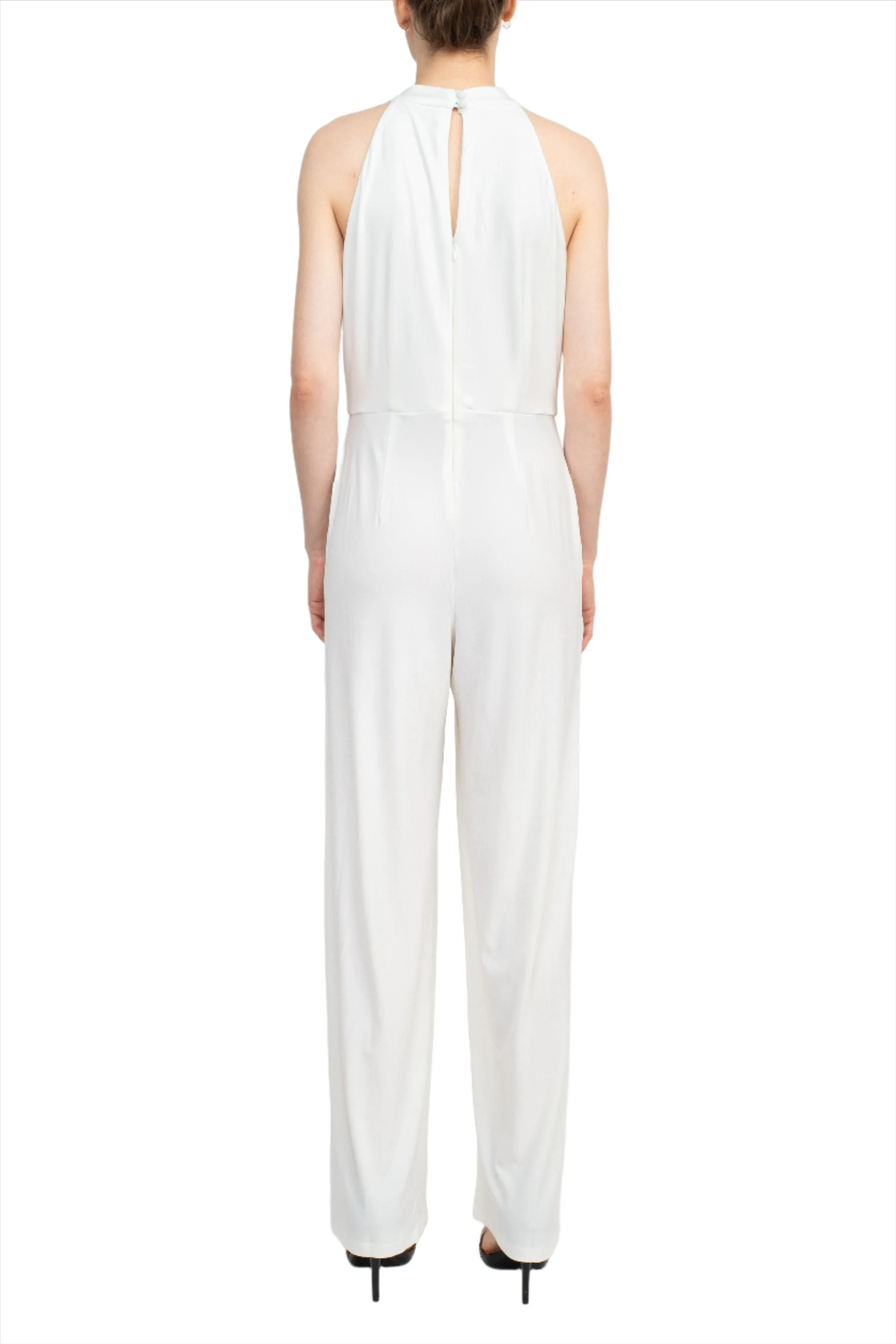 Nina Leonard Crossed Neck Sleeveless Keyhole Back Solid Jersey Jumpsuit