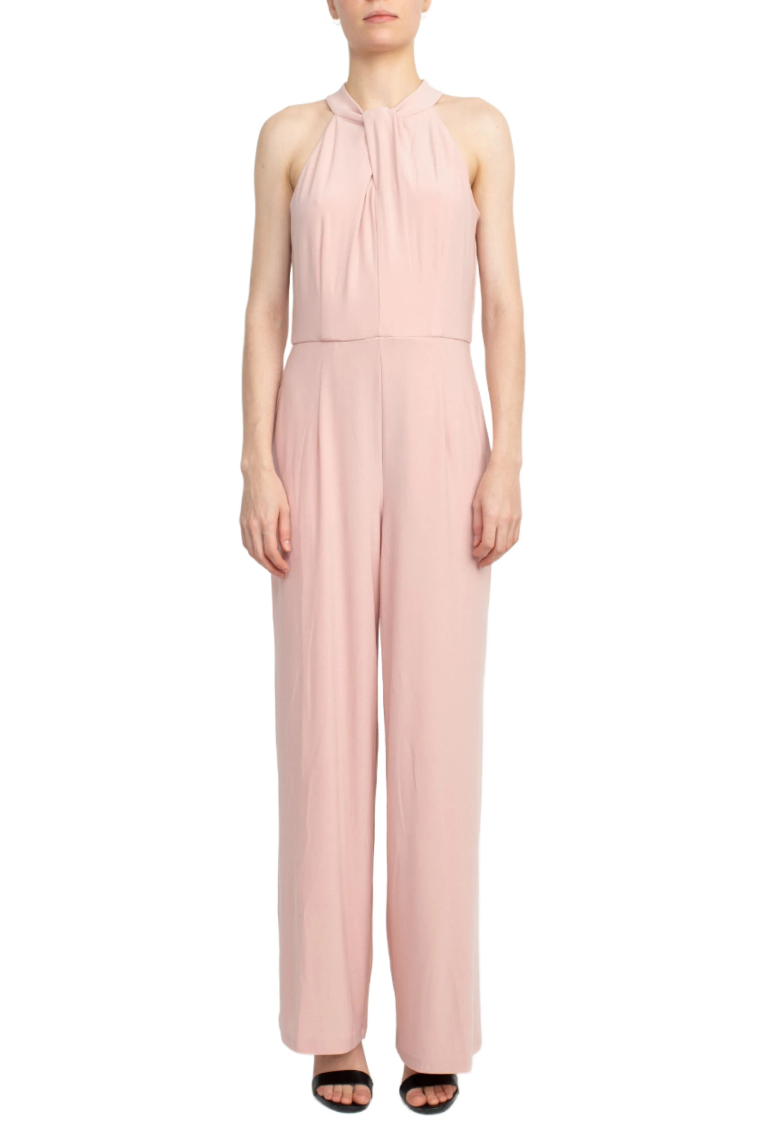 Nina Leonard Crossed Neck Sleeveless Keyhole Back Solid Jersey Jumpsuit