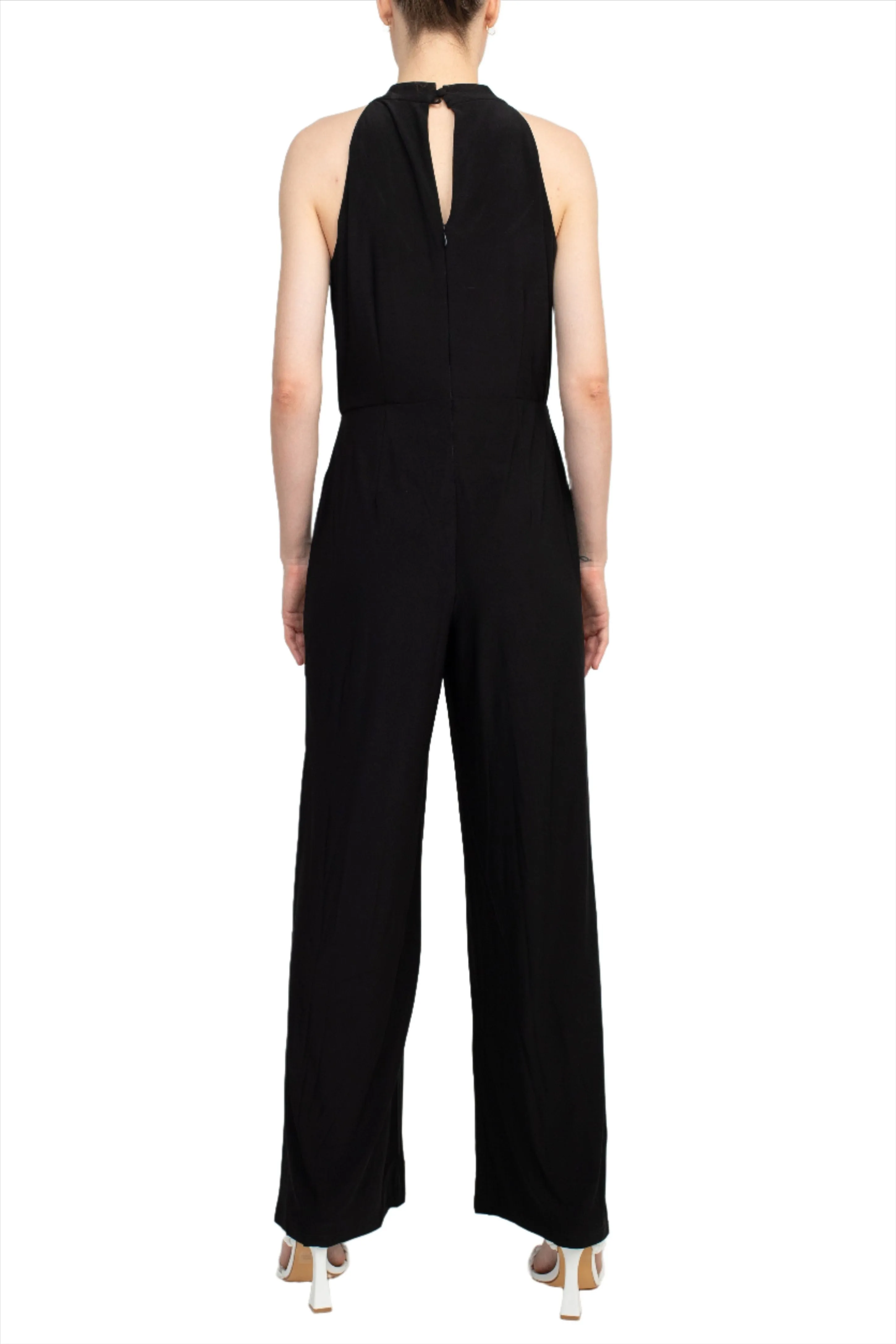 Nina Leonard Crossed Neck Sleeveless Keyhole Back Solid Jersey Jumpsuit