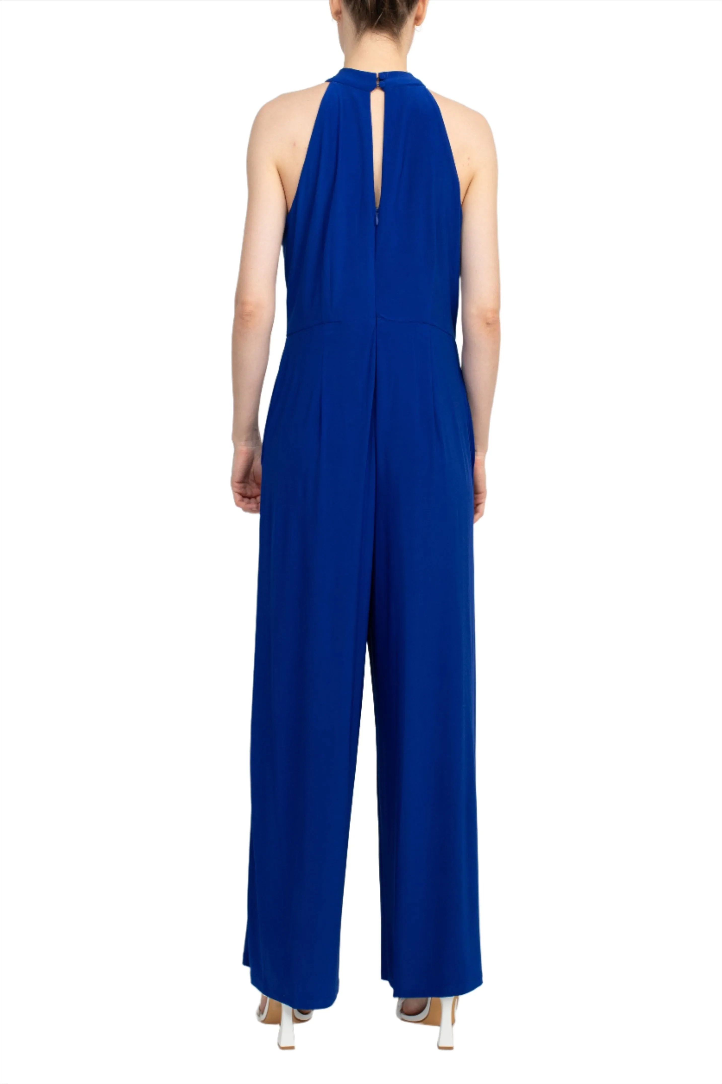 Nina Leonard Crossed Neck Sleeveless Keyhole Back Solid Jersey Jumpsuit