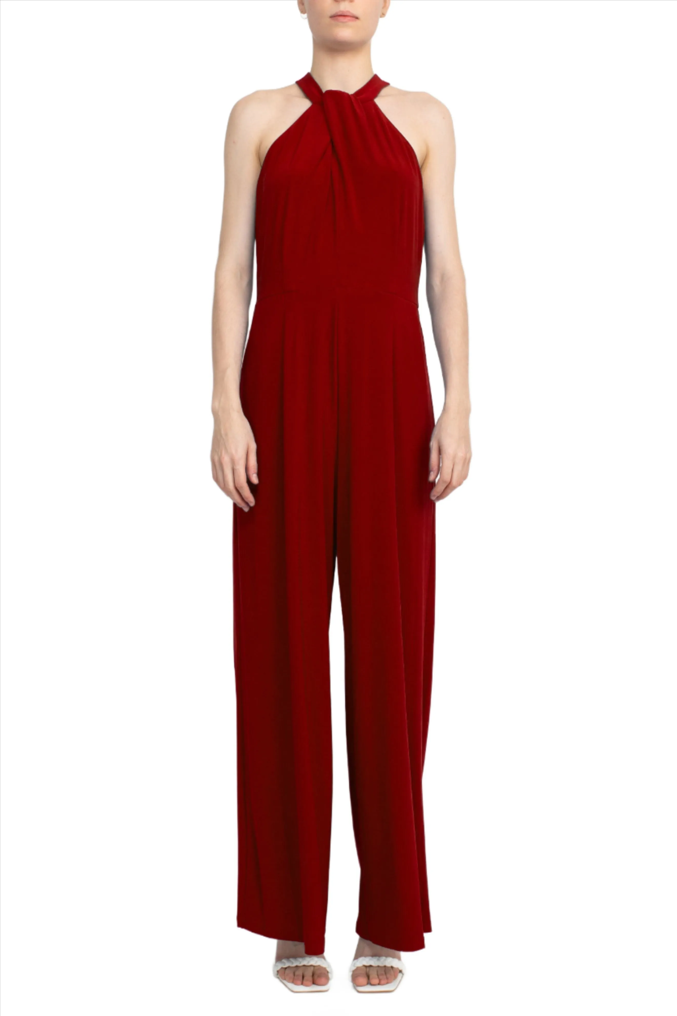 Nina Leonard Crossed Neck Sleeveless Keyhole Back Solid Jersey Jumpsuit