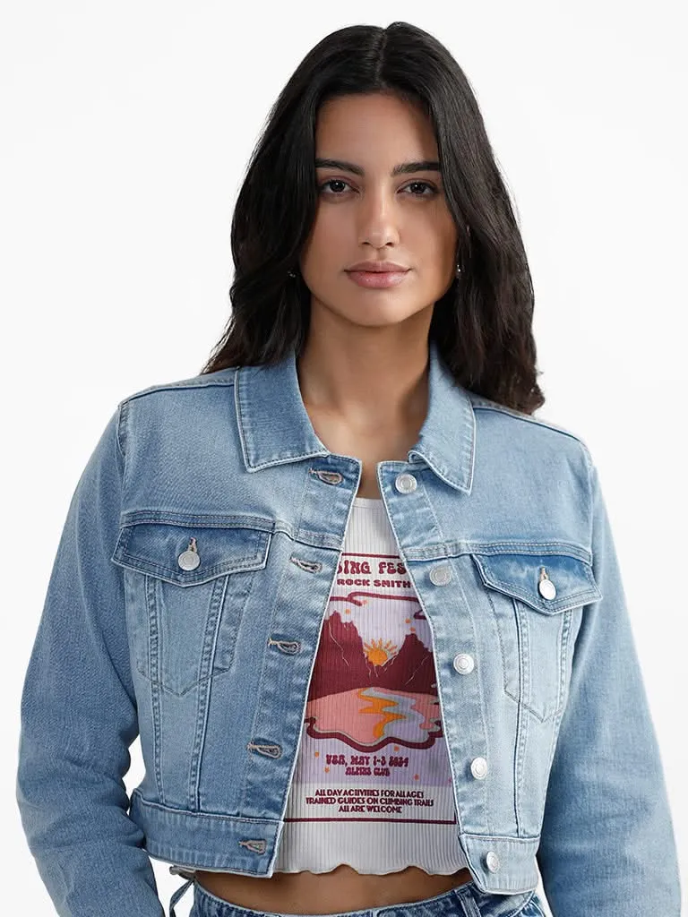 Nuon Light Blue Crop Fit Denim Jacket