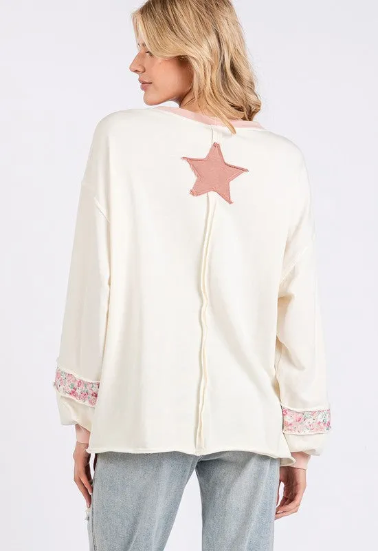 Peace & Star Patch Contrast Round Neck Sweatshirt