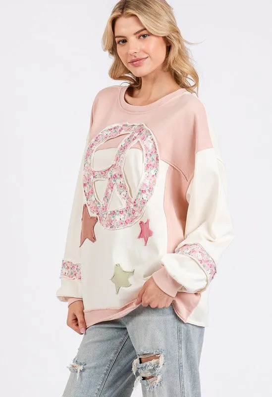 Peace & Star Patch Contrast Round Neck Sweatshirt