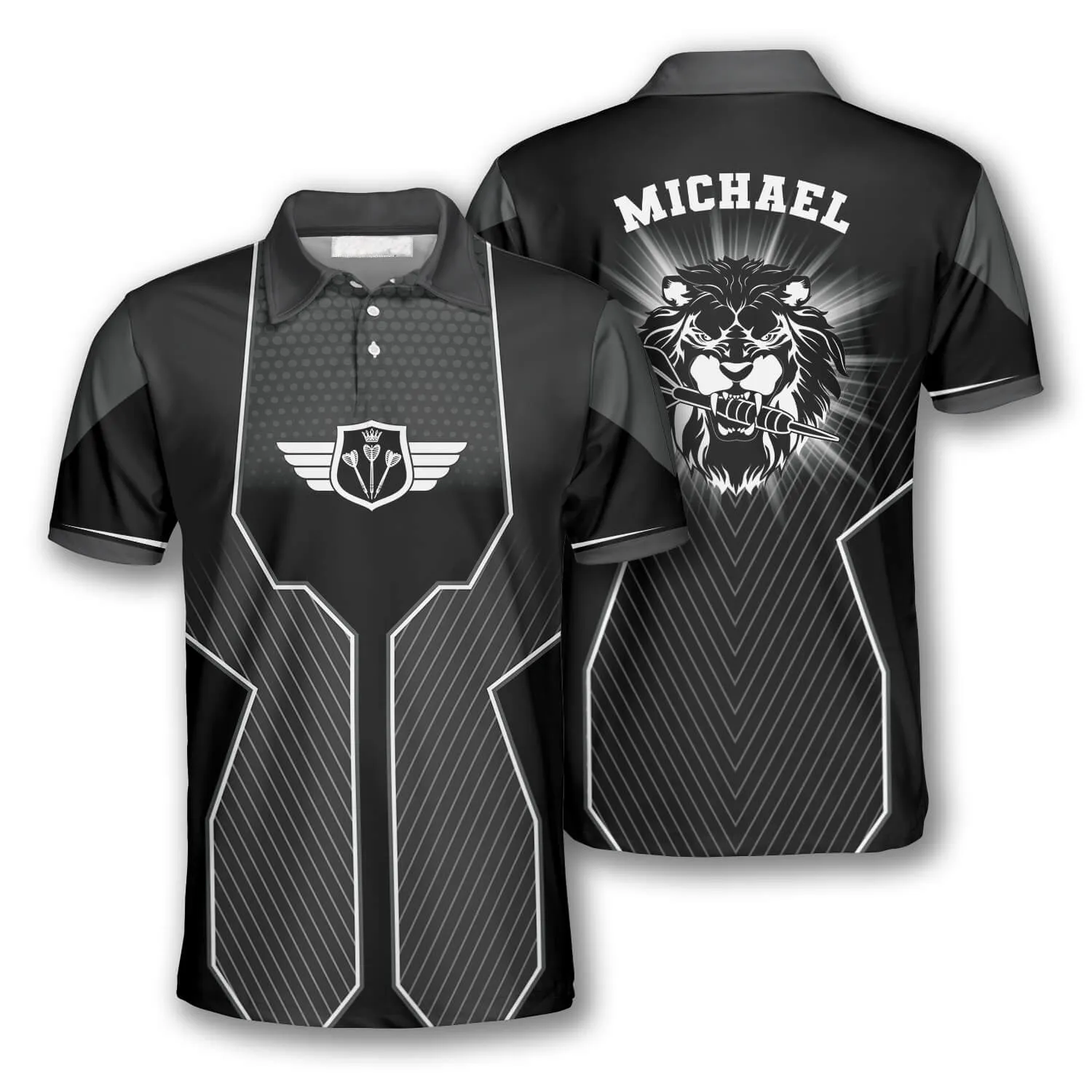 Personalized Black Lion Custom Polo Shirts, Custom Name Team Lion Dart Shirt