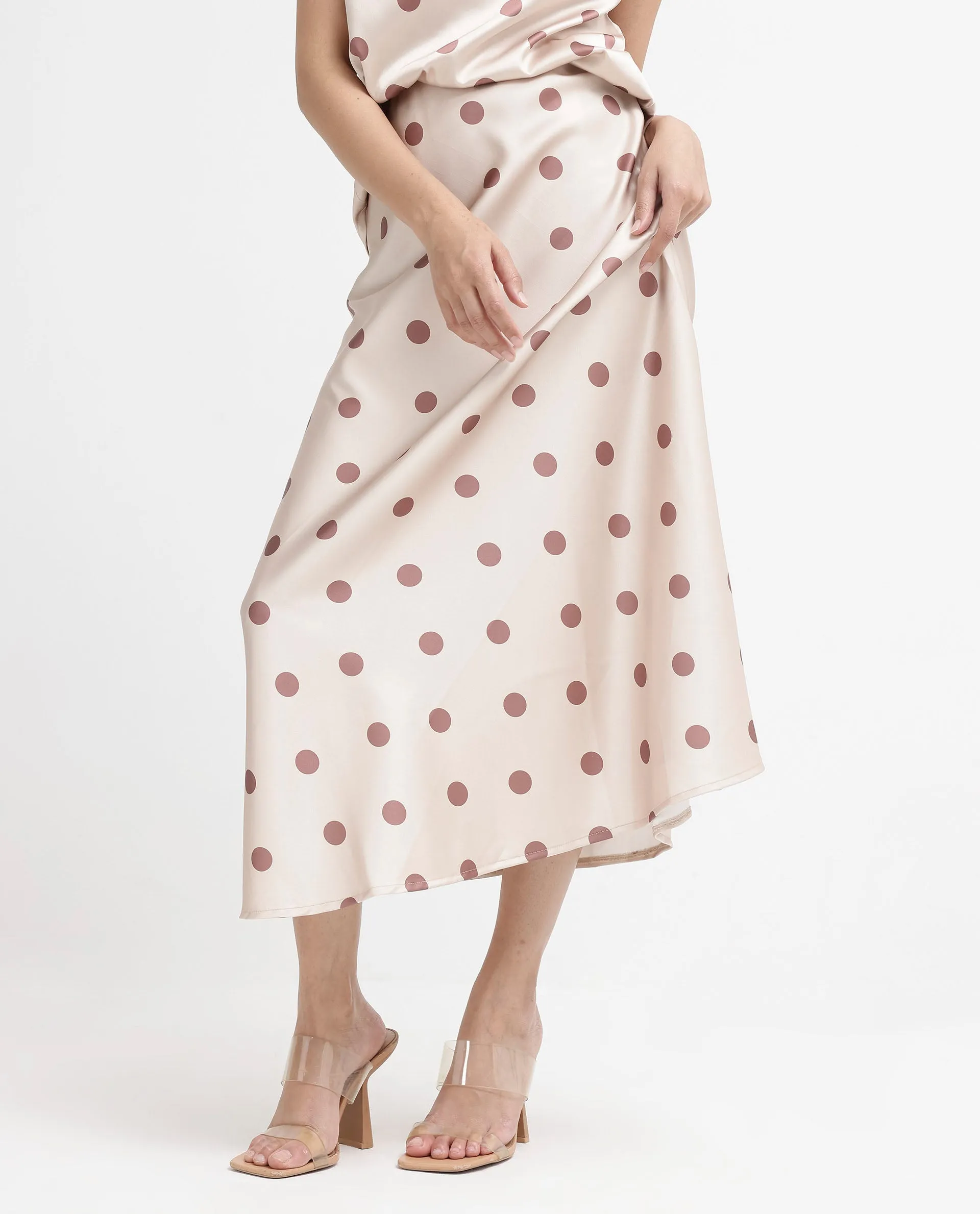 Rareism Women Berdo-B Beige Polyester Fabric Polka Print Relaxed Midi Skirt