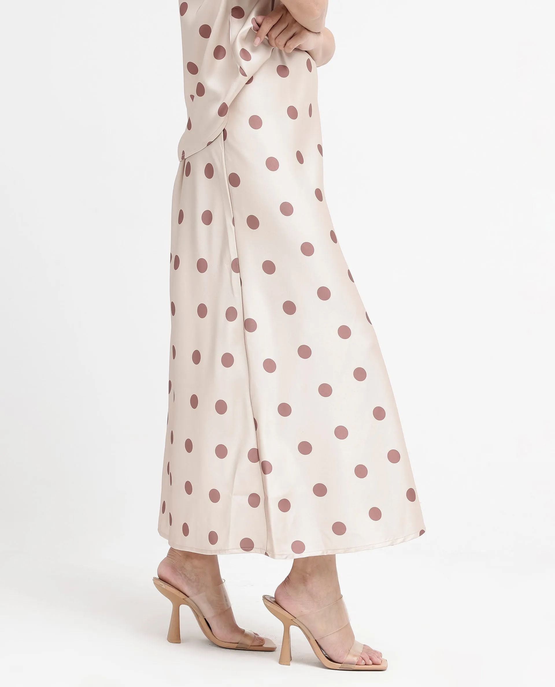 Rareism Women Berdo-B Beige Polyester Fabric Polka Print Relaxed Midi Skirt