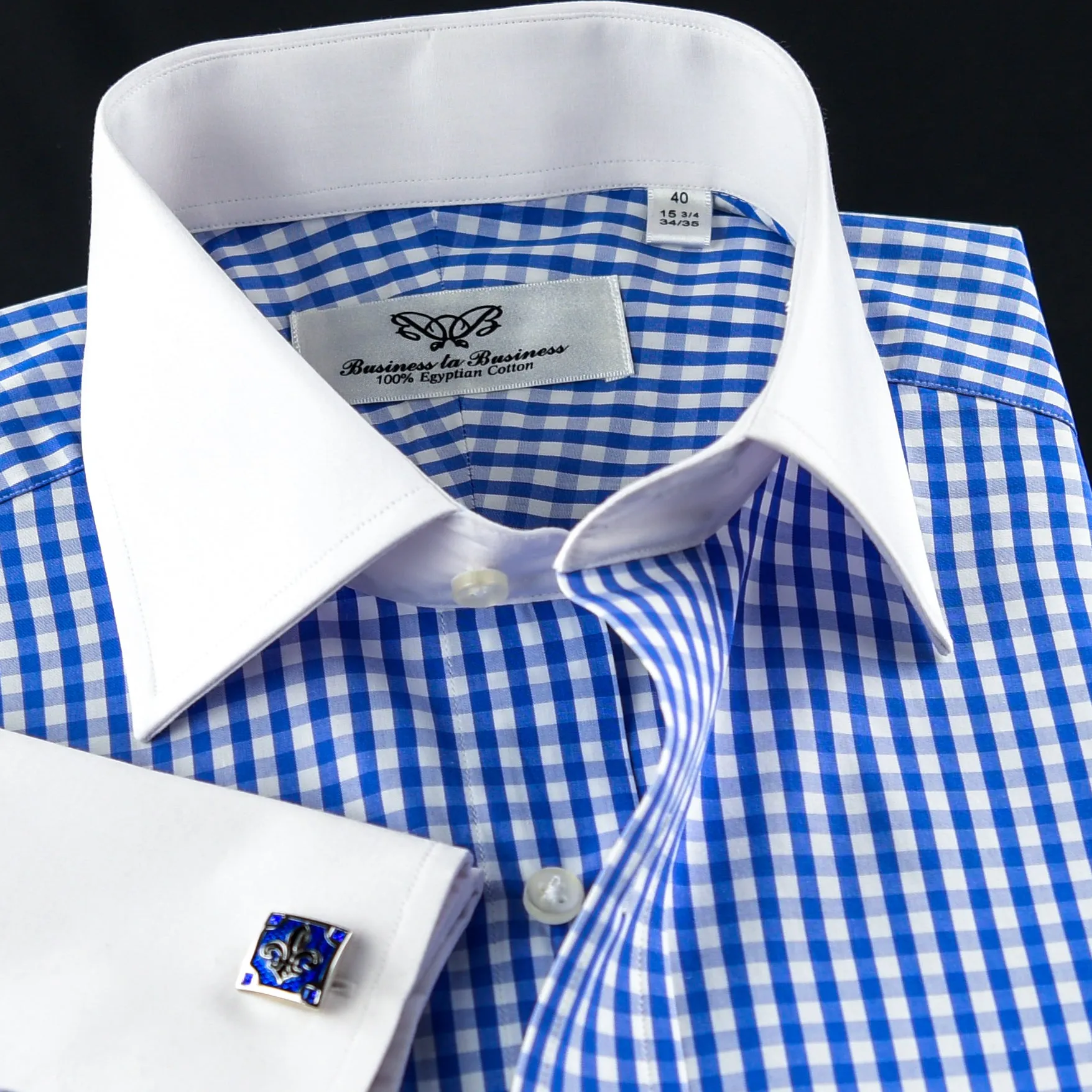 Serene Blue Checkered White Contrast Cuff Formal Business Button Down Dress Shirt